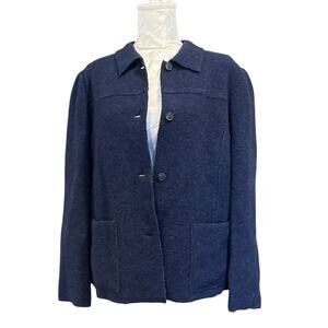 Lands End Navy Blue Cardigan Womens Sz 16P 100% Wool Boxy Shacket Cottagecore